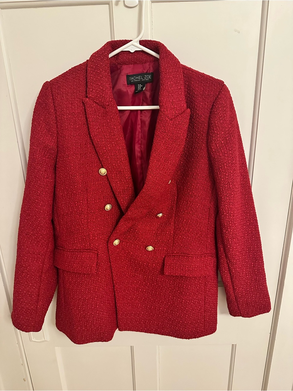 Rachel Zoe Double Breasted Red Blazer Corporate Office Textured Boucle Sz M Gold